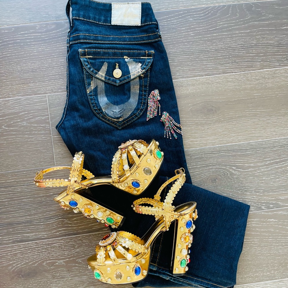 Gold Foil Painted Booty Enhanced Flare Jeans